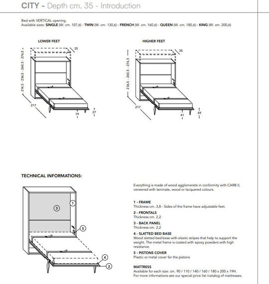 Technical diagram of City Standard wall bed with dimensions and features listed.