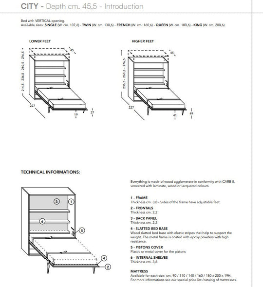 Technical diagram of City Standard wall bed with adjustable feet and slatted bed base, including dimensions and material information.