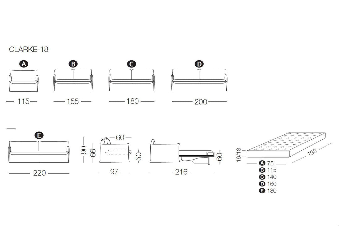 Technical drawing of Clarke armchair, armchair bed, sofa or sofa bed