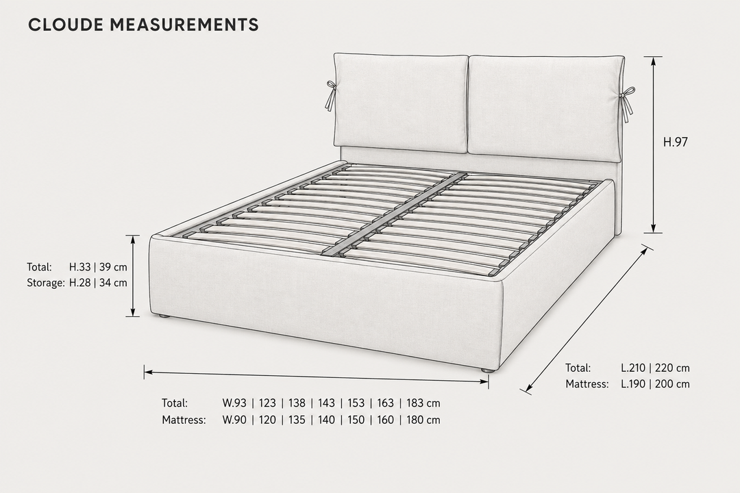 Cloude storage bed frame measurement diagram showing a white upholstered bed with slatted base, labeled dimensions for width, storage space, height, and mattress size.