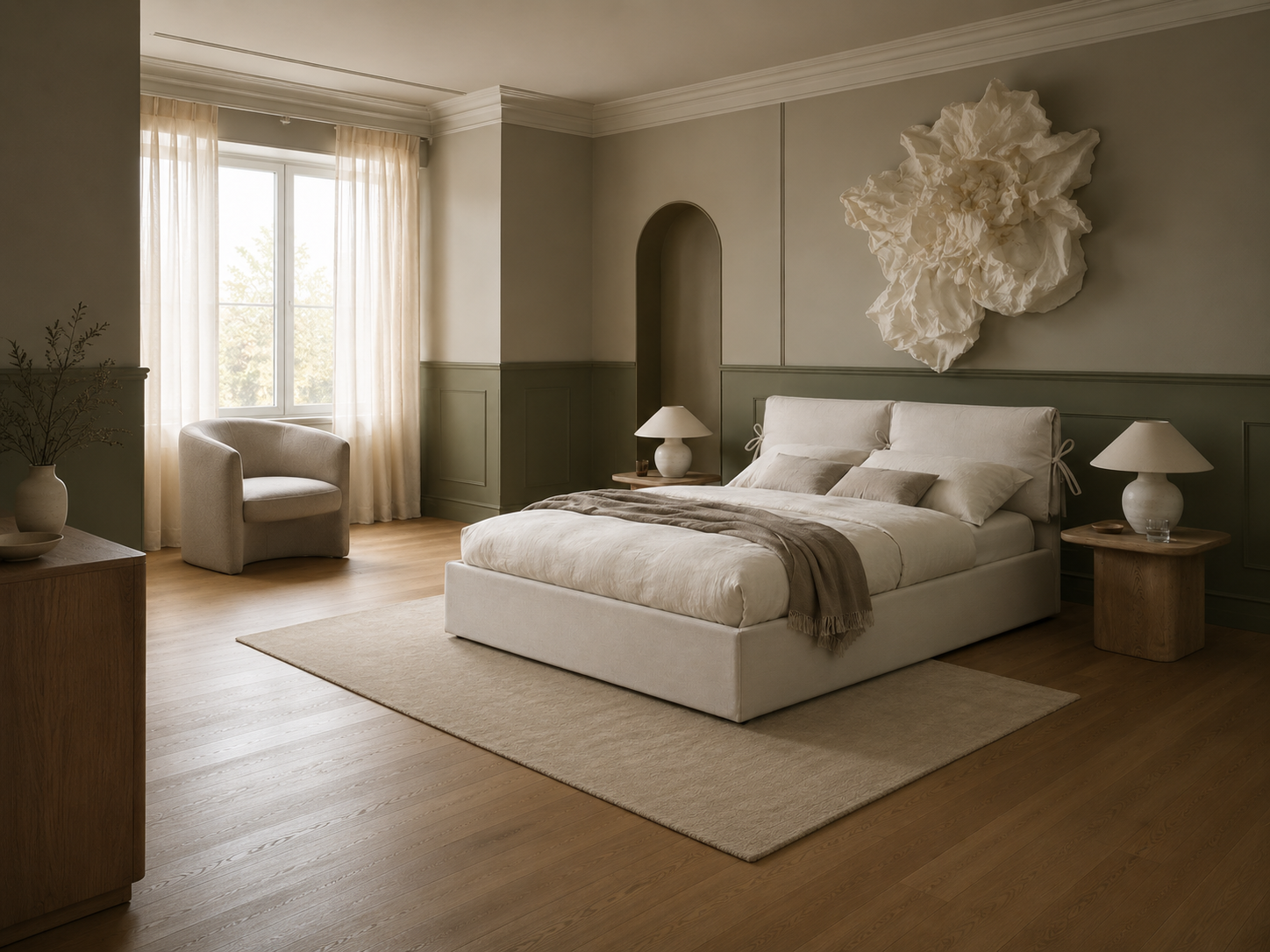 A modern bedroom featuring the Cloud storage ottoman bed with white bedding, a textured beige area rug, a dark green wainscoted accent wall, and a large white sculptural floral wall piece above the headboard.