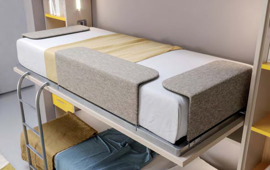 Cocoon bunk bed. Compact bedroom setup with a bunk bed and storage shelves.