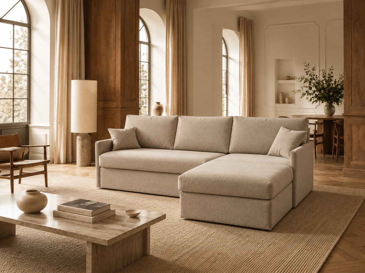 Comfy 14 sofa bed with chaise and storage, cream fabric made for everyday use.
