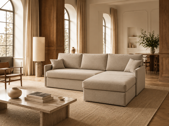 Comfy 14 sofa bed with chaise and storage, cream fabric made for everyday use.