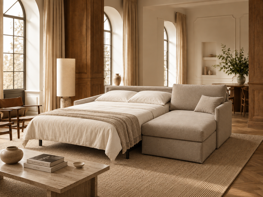 A beige upholstered sofa bed with a chaise lounge on the right side, styled in a warm, rustic bedroom with wood-paneled walls, tall arched windows, and neutral-toned bedding.