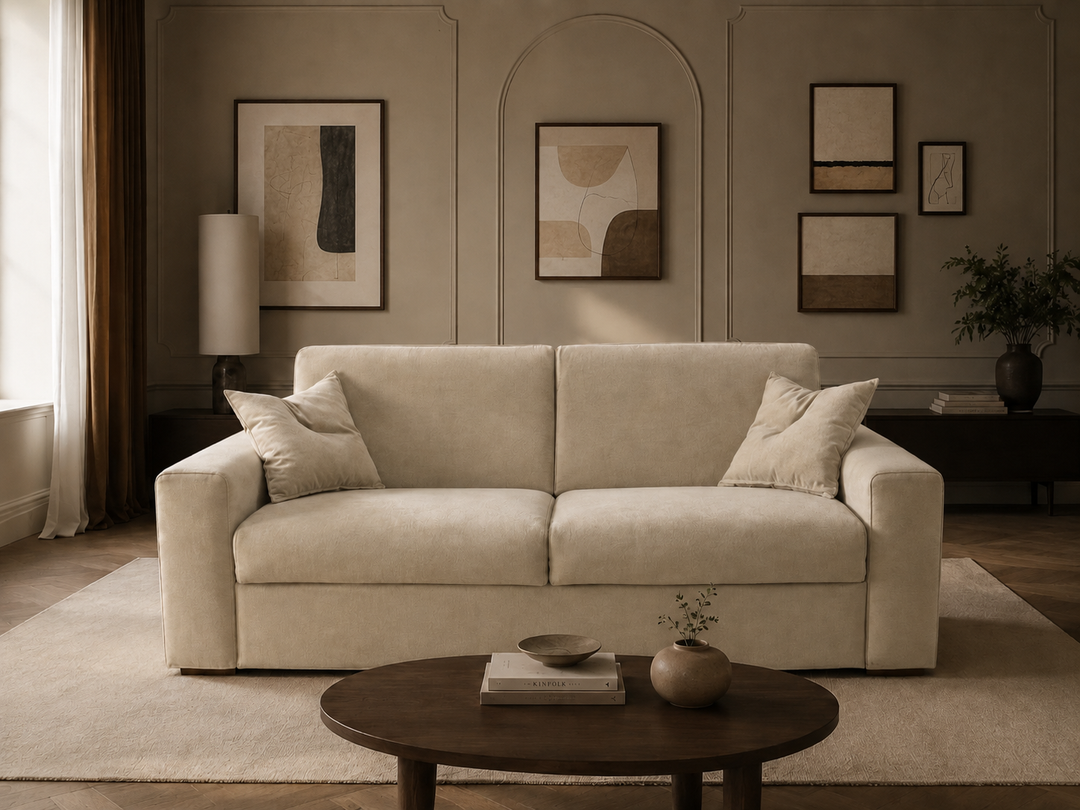 Our Comfy 18 Lux sofa bed finished in a cream-colored upholstery in a styled living room setting, featuring abstract wall art, a round wooden coffee table, and a neutral color palette.