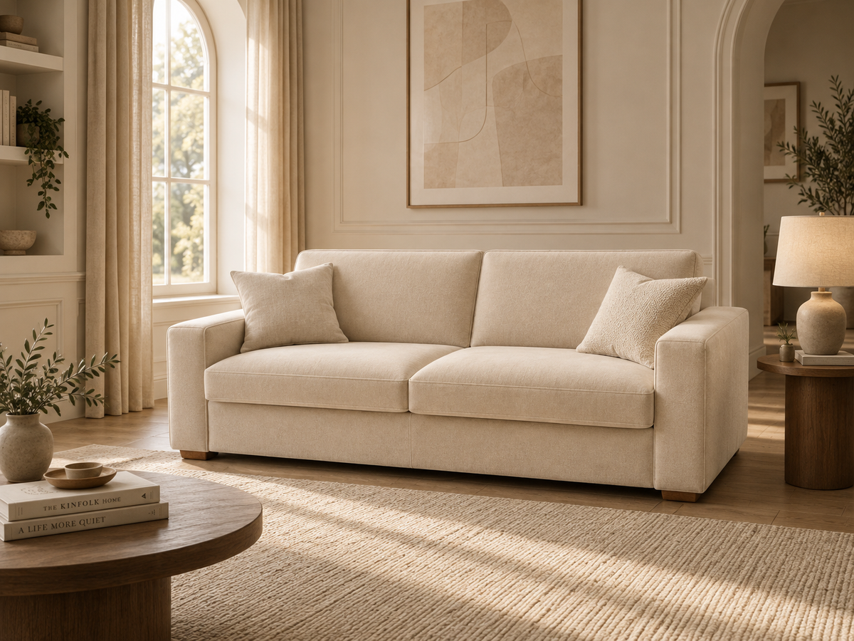 Comfy Electric sofa bed finished in a beige soft fabric in a living room setting.
