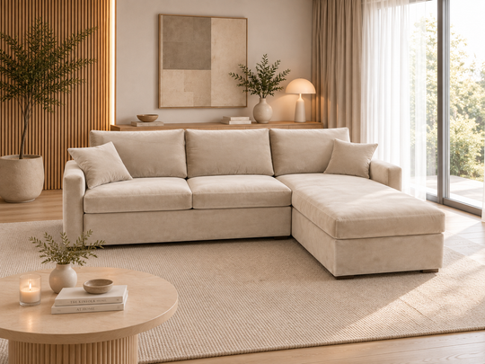 Comfy 18 Lux sofa bed with chaise cream colour made for everyday use.