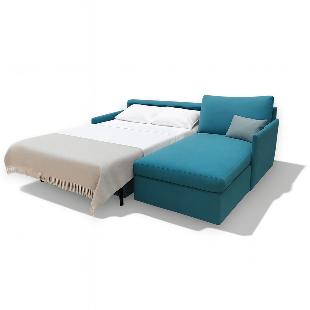 Blue Comfy 14 sofa bed with chaiselongue and 3 cm arms.