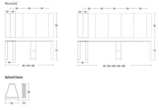Technical drawing of Tango extendable console