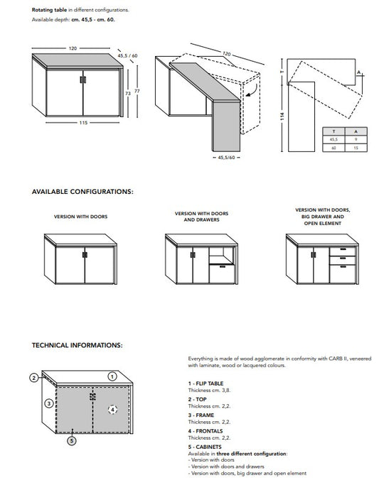 Technical drawings and configurations of a rotating console table with various options and dimensions.