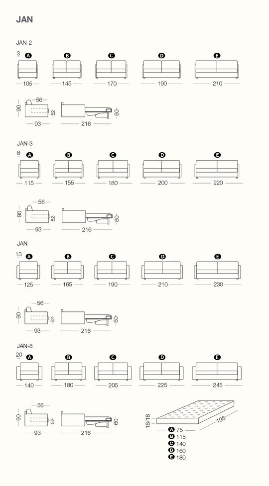 Measurements of Jan sofa bed