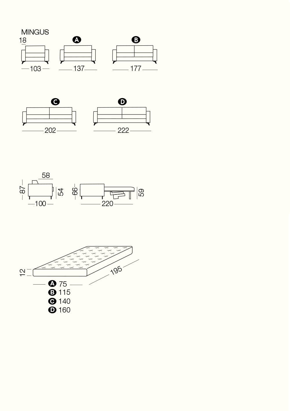 Technical details of Mingus sofa or sofa bed 