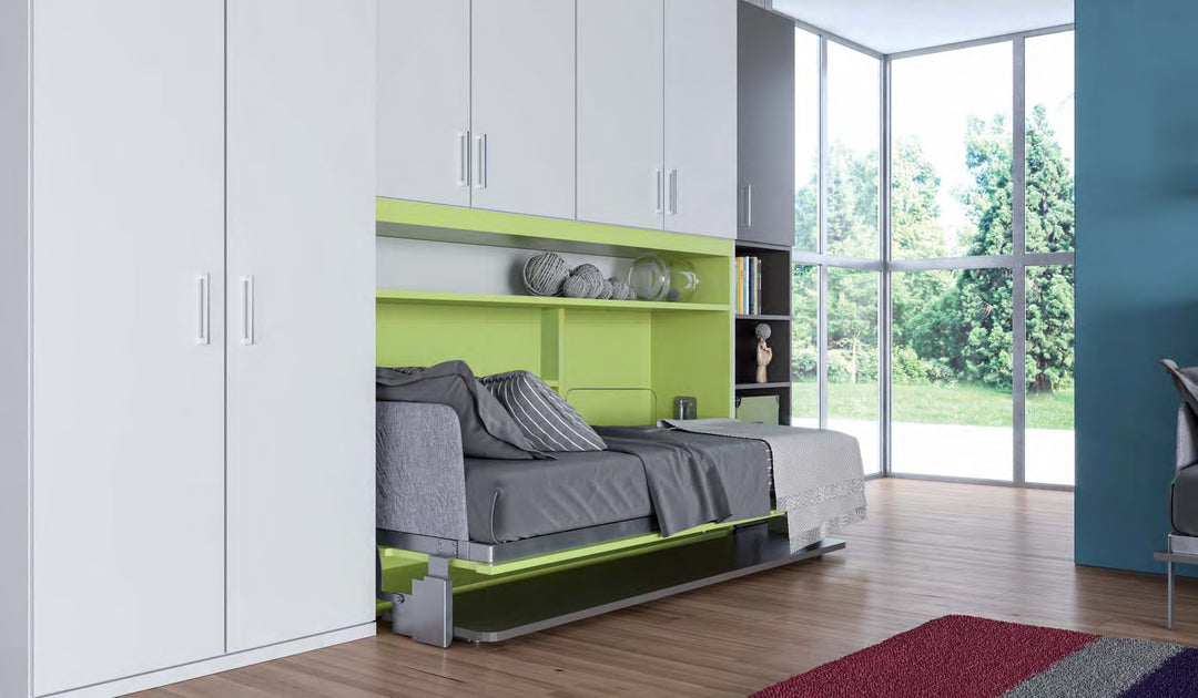 Nest Board single horizontal wall bed. Modern bedroom with a gray sofa bed and green accent wall.