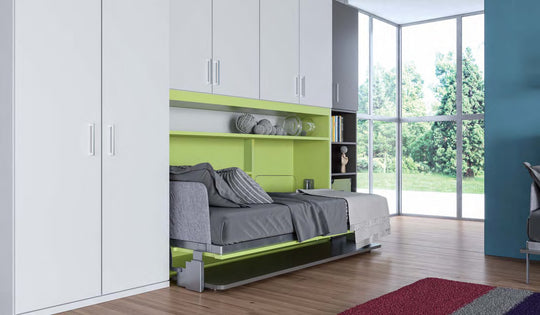 Nest Board single horizontal wall bed. Modern bedroom with a gray sofa bed and green accent wall.