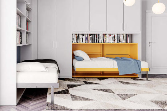 Nest single horizontal wall bed. Modern bedroom with a yellow bed frame and white walls.