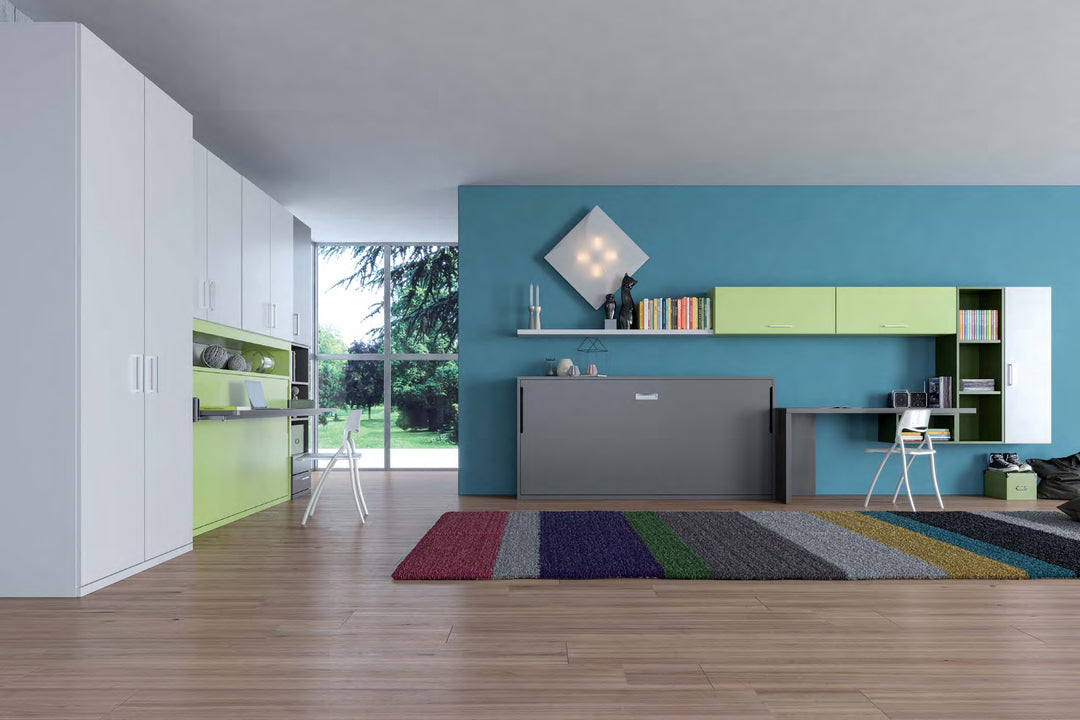 Nest single horizontal wall bed. Modern living room with a sofa bed, colorful rug, and kitchen area.