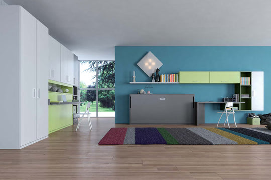 Nest single horizontal wall bed. Modern living room with a sofa bed, colorful rug, and kitchen area.