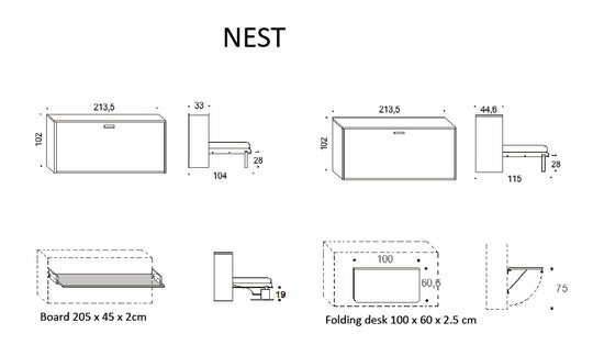 Technical drawing of a folding desk labeled 'NEST' with dimensions.