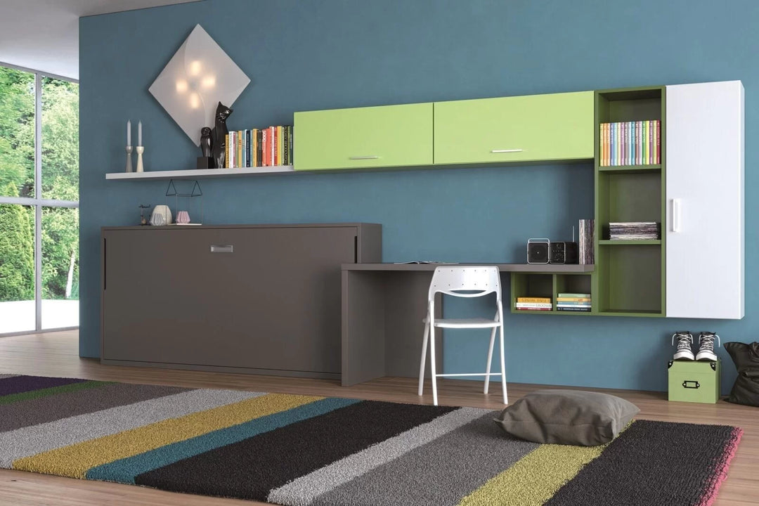 Nest single horizontal wall bed. Modern room interior with green and gray furniture against a blue wall.