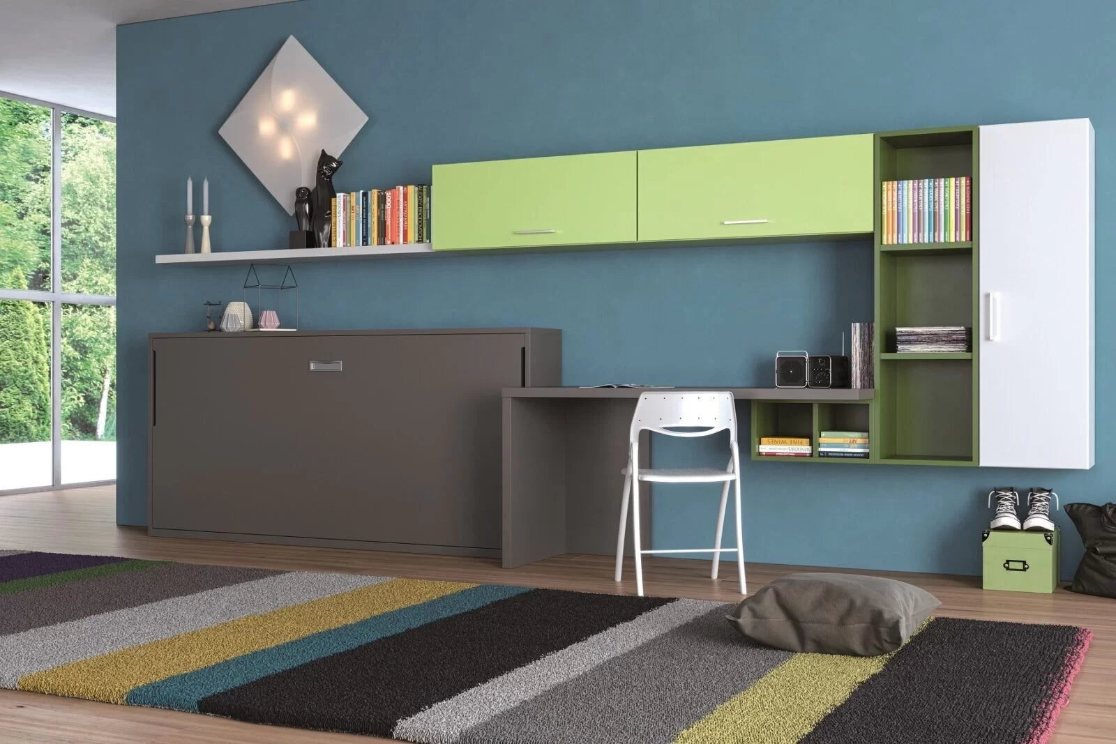 Nest single horizontal wall bed. Modern room interior with green and gray furniture against a blue wall.