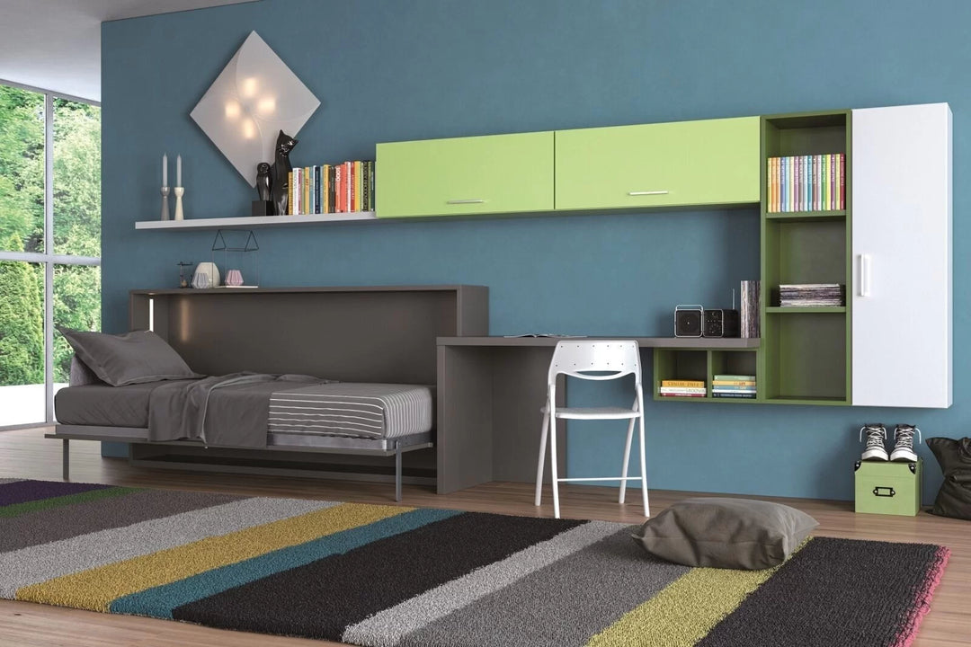 Nest single horizontal wall bed. Modern bedroom with green cabinets, gray bed, and colorful rug.