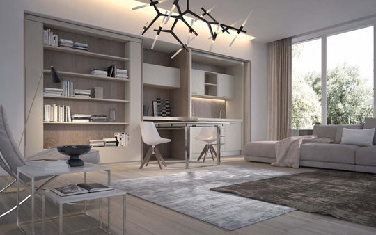 Orbit Book swivel wall bed in a Modern living room with a desk, bookshelves