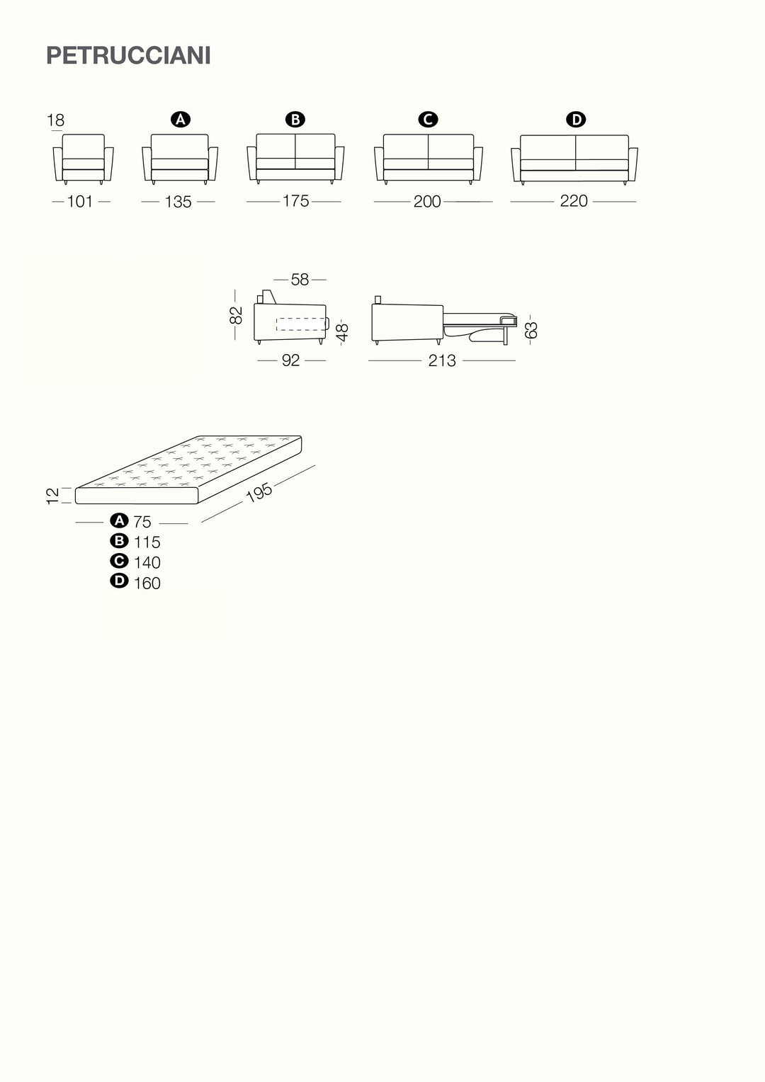 Technical drawing of Petrucciani sofa  bed with dimensions labeled