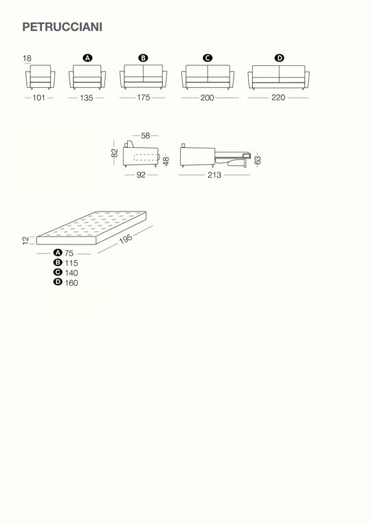 Technical drawing of Petrucciani sofa  bed with dimensions labeled