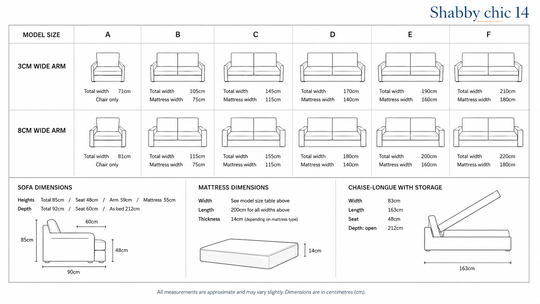 A sizing and dimension chart for the Shabby Chic 14 sofa, showing model sizes A through F with 3cm and 8cm wide arm measurements, plus sofa and mattress dimensions and a side view of the chaise lounge with storage.