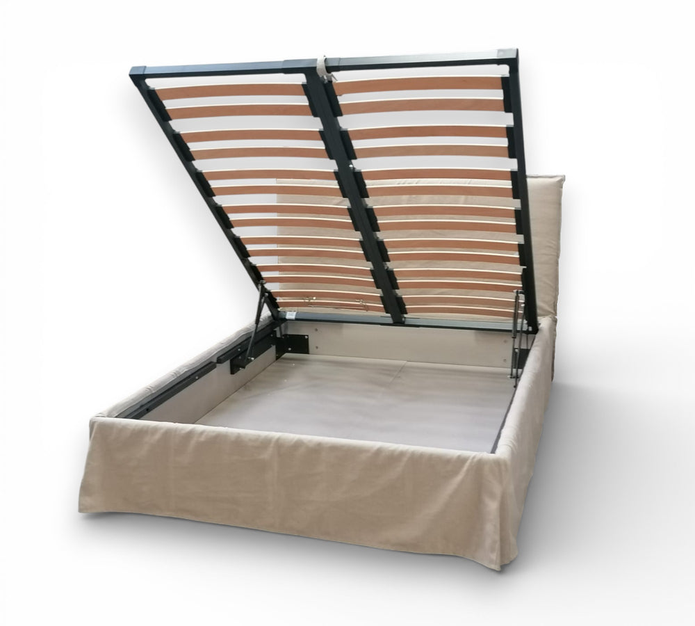 Shabby Chic beige storage ottoman bed frame with wooden slats on a white background
