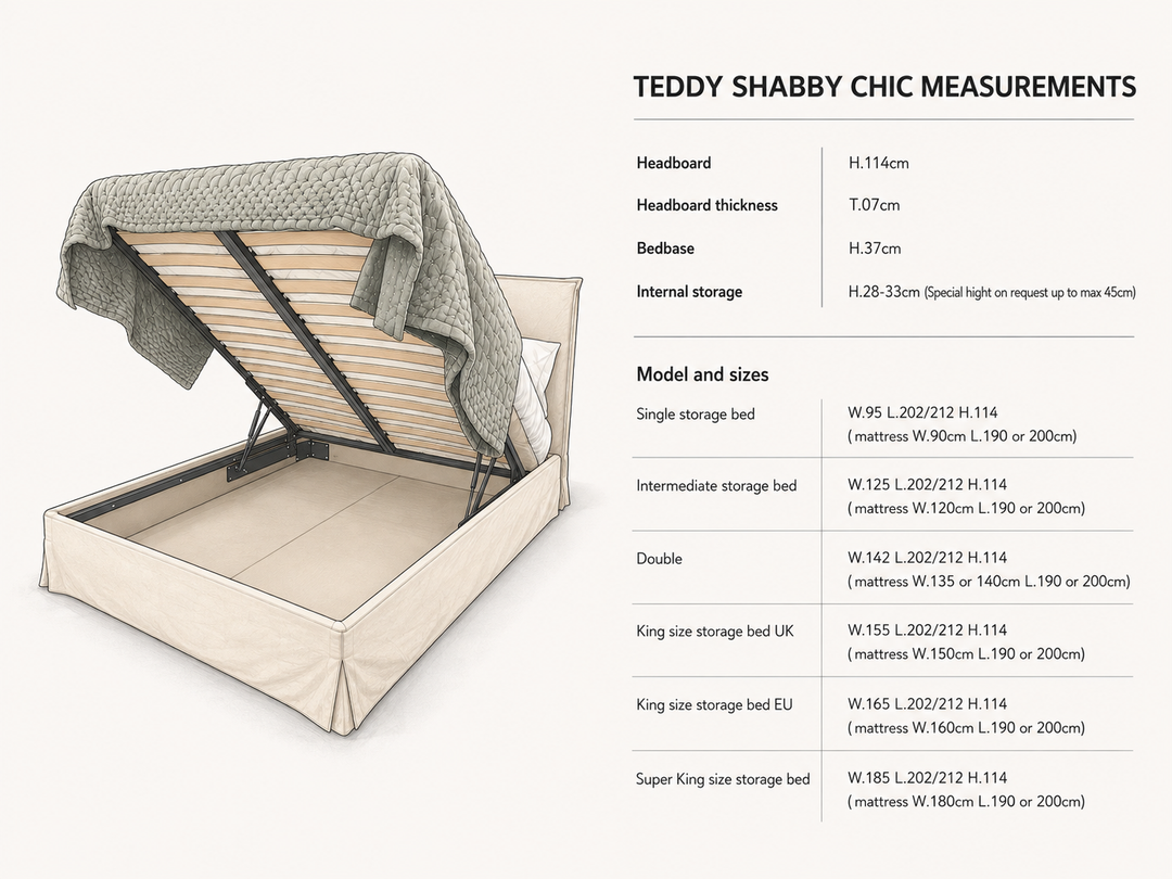 A measurement infographic for a 'Teddy Shabby Chic' storage bed, showing a 3D rendering of the bed with its lift-up headboard and a list of dimensions and sizing information on a light beige background.
