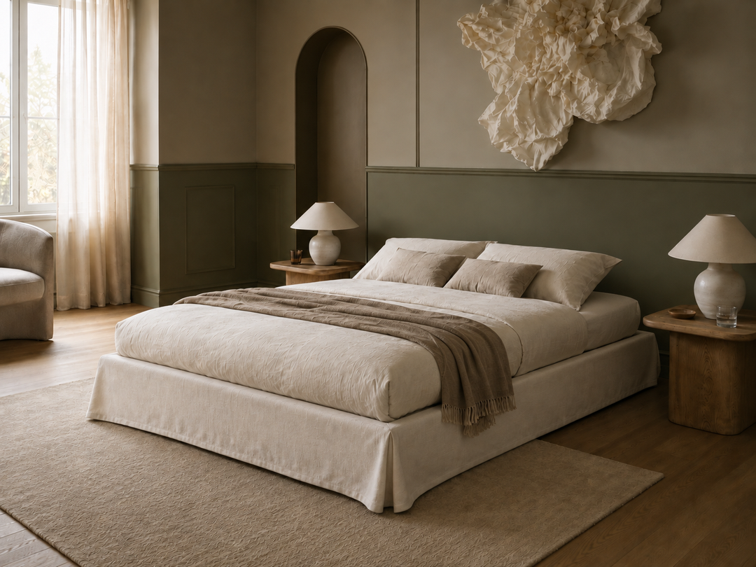 Neutral-toned bedroom featuring our Ted Shabby chic bed dressed in cream bedding with a taupe throw, set against an olive green headboard and matching wall paneling. The room includes wooden nightstands with white table lamps, a textured rug, and a large abstract wall sculpture.