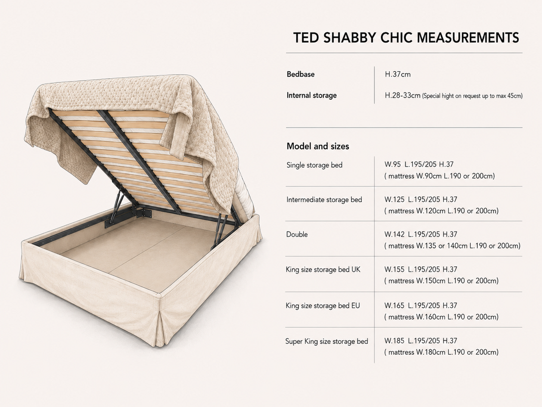 A product information graphic for the TED SHABBY CHIC mattress bed frame, showing the bed frame with its lift-up mattress base open on the left, alongside a measurement chart listing dimensions for bed base, internal storage, and various mattress sizes on a light beige background.