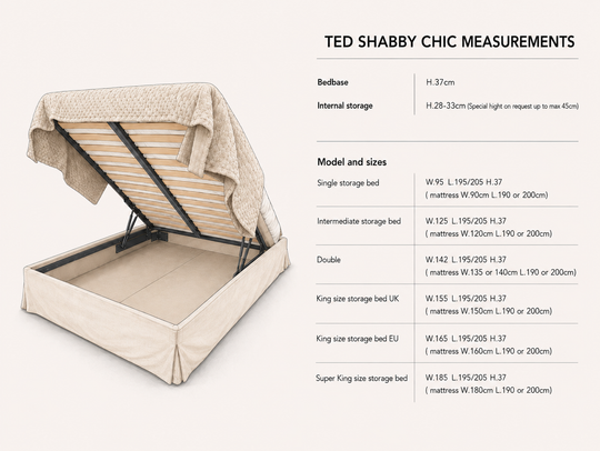 A product information graphic for the TED SHABBY CHIC mattress bed frame, showing the bed frame with its lift-up mattress base open on the left, alongside a measurement chart listing dimensions for bed base, internal storage, and various mattress sizes on a light beige background.