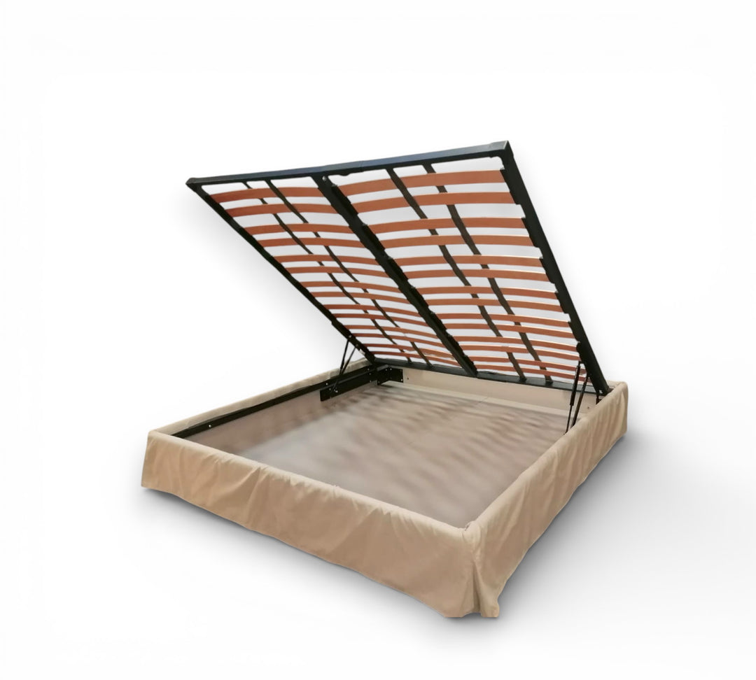 Ted Shabby Chic storage ottoman bed, box bed. Beige bed with metal headboard on a white background.