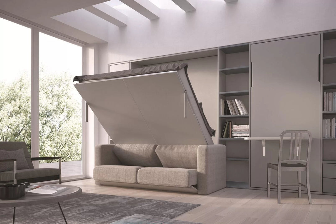 Modern living room with a the simplicity wall bed, including fitted storage units.