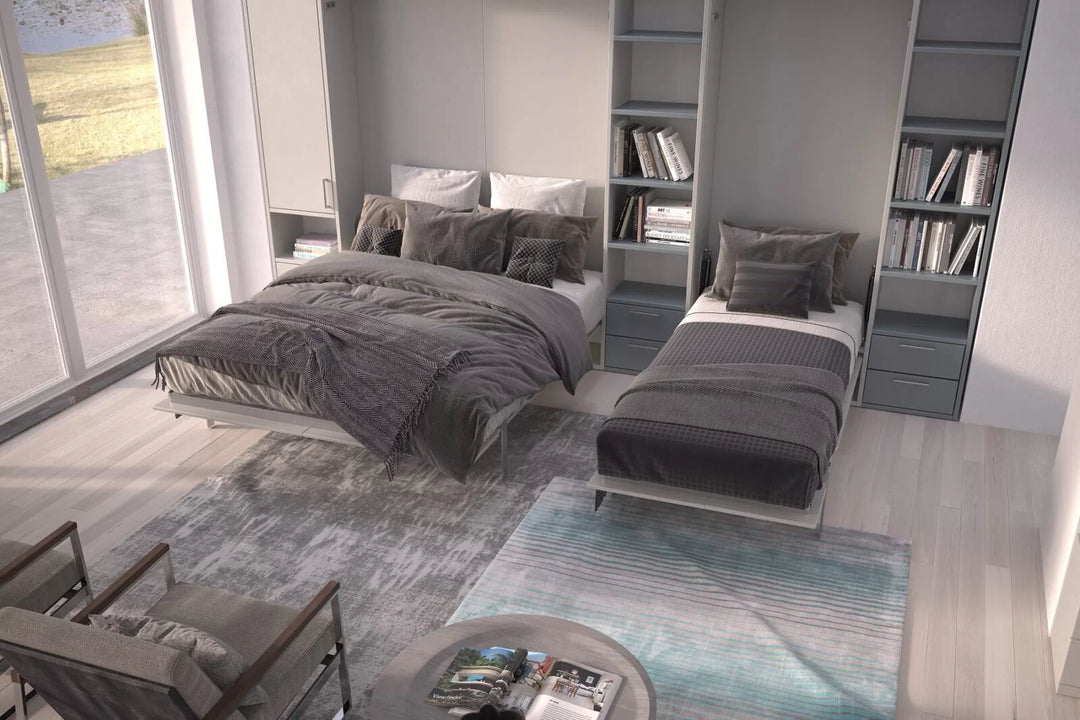 Modern with two simplicity wall beds one double and one single beds, bookshelves,