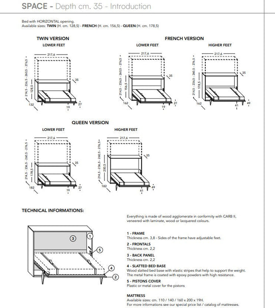 Technical diagram of Space horizontal wall bed with different configurations and measurements.