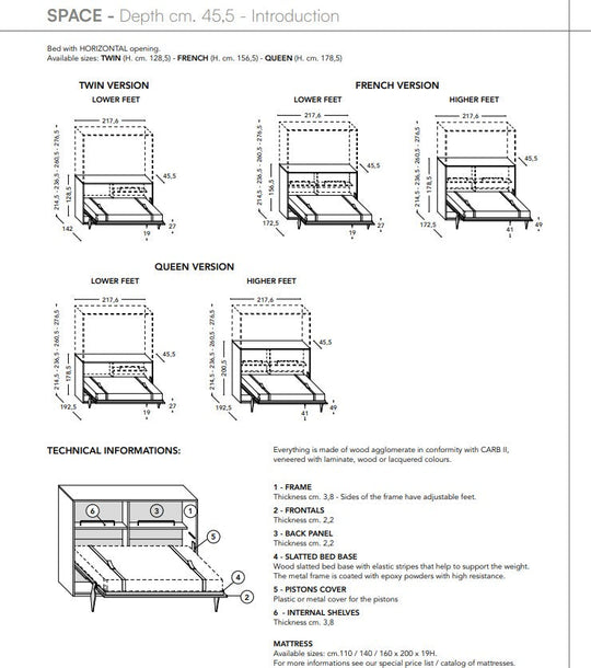 Technical diagram of Space horizontal wall bed with dimensions for Twin, French, and Queen sizes.
