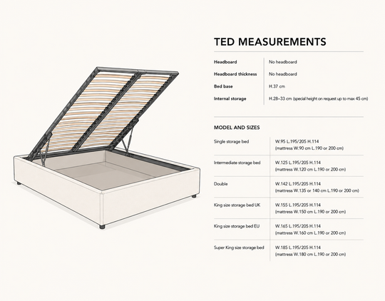 Ted product information graphic showing a storage bed with its lift-up mechanism, alongside a measurement table labeled 'TED MEASUREMENTS' and a model/sizes list on a light beige background.