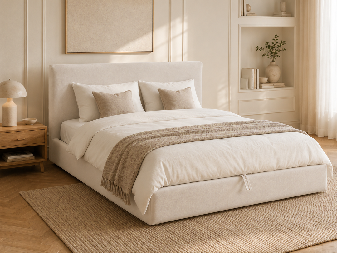 Teddy a low-profile upholstered storage bed bed in a warm neutral bedroom setting, dressed in white bedding with a beige throw blanket and matching pillows, placed on a woven rug.