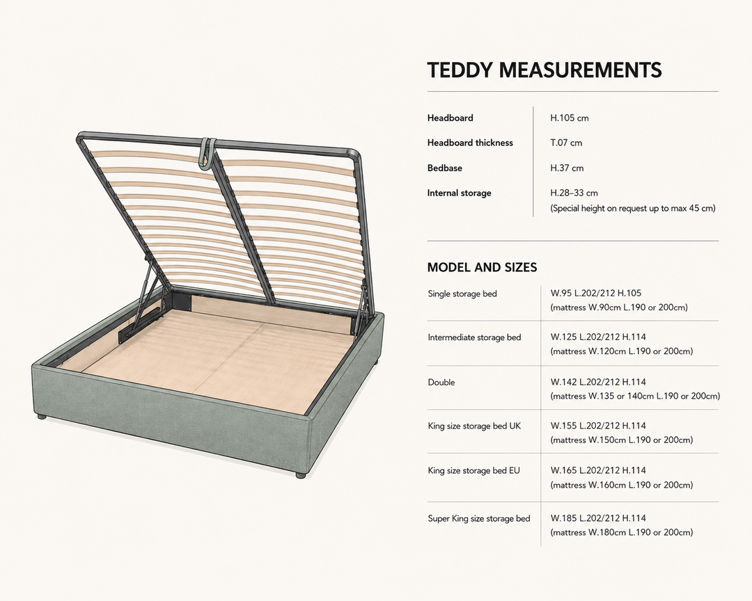 Teddy product information graphic showing a raised storage bed with the lid open, alongside text detailing measurements and model/sizes for different bed types. The bed has a gray upholstered frame and light natural wood slatted base and lid.