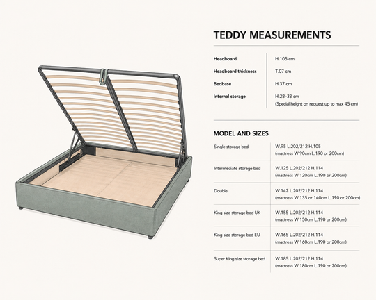 Teddy product information graphic showing a raised storage bed with the lid open, alongside text detailing measurements and model/sizes for different bed types. The bed has a gray upholstered frame and light natural wood slatted base and lid.