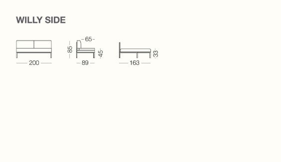 Willy Side technical drawing of a sofa layout with dimensions on a white background