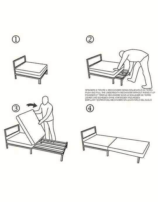 Step-by-step diagram of Willy Side sofa bed assembly process on a white background